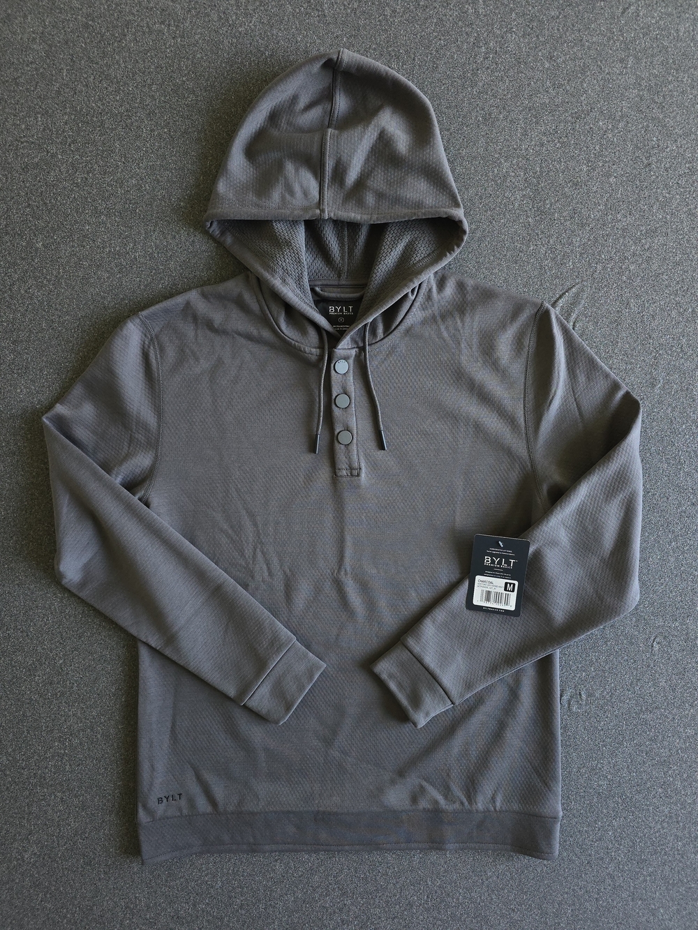 BYLT Adventure Fleece Hooded Henley Hoodie Men's Medium Charcoal Gray Textured